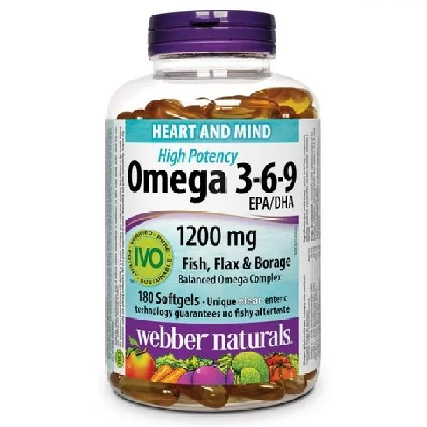 Webber Naturals® Omega 3-6-9 High Potency1200 mg · Fish, Flax & Borage, 180 Clear Enteric Softgels